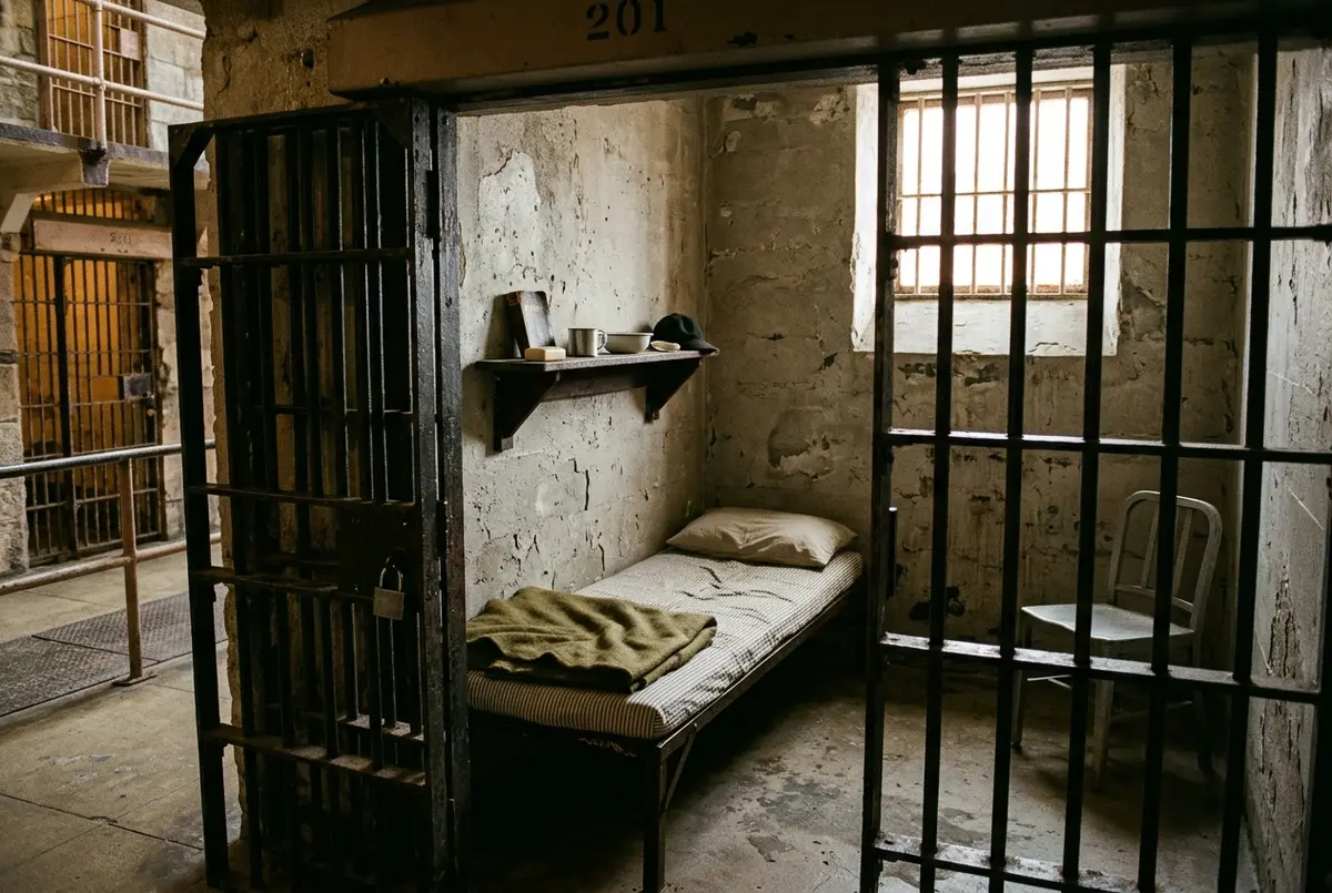 A sparse 1930s-style Alcatraz prison cell with a cot, a small shelf, and bars, evoking Al Capone's time at the penitentiary without depicting any real person