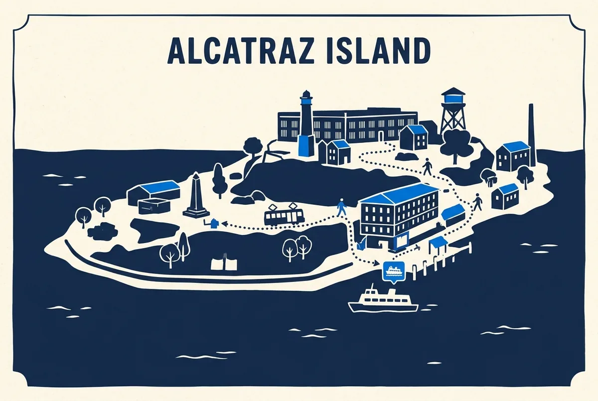 Simple side-view diagram of the Alcatraz dock-to-cellhouse route showing the shuttle tram segment and the remaining walking segment, flat icon style, no statistics