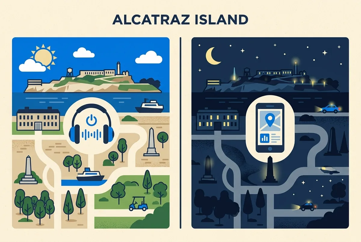 Infographic comparing two Alcatraz narration formats side by side, labeled Daytime Headset Audio Tour and Night Tour App Guide, flat icons, no statistics
