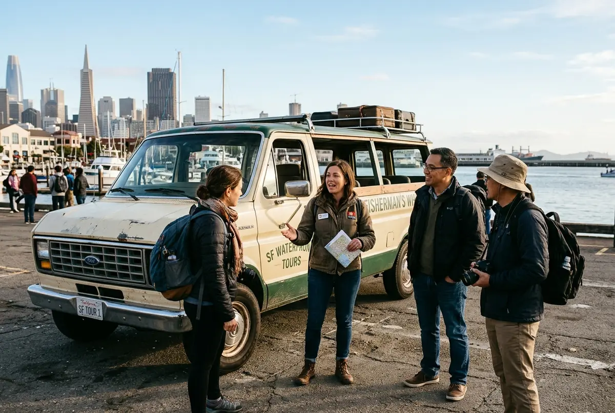 A small group of travelers listening to a live guide beside an open air van near Fisherman's Wharf before an alcatraz behind the scenes style tour heading toward Pier 33