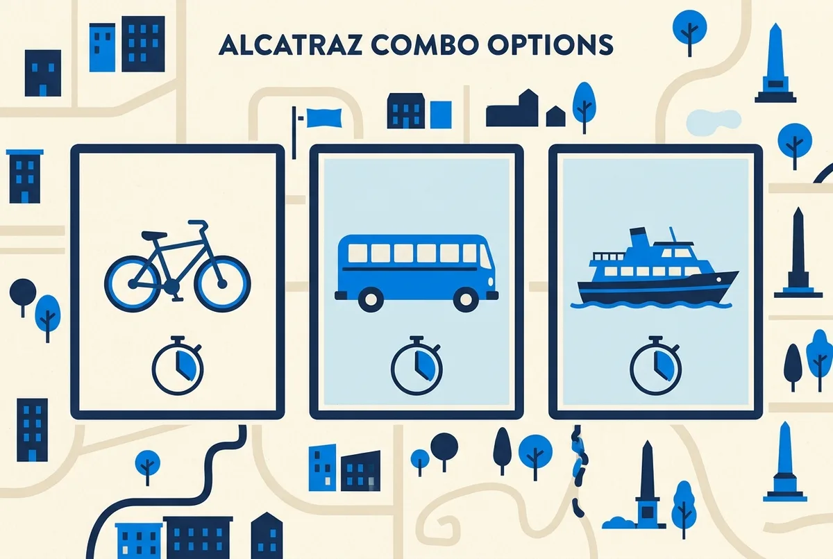 Infographic comparing three Alcatraz combo pairings as simple labeled tiles, Bike, Bus and Bay Cruise, each with a flat icon and a duration mark, no prices or statistics