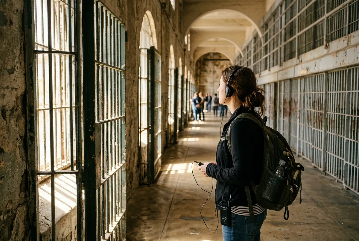 A traveler pausing in the Alcatraz cellhouse corridor during the self guided alcatraz day tour, wearing an audio guide headset with sunlight streaming through a barred window