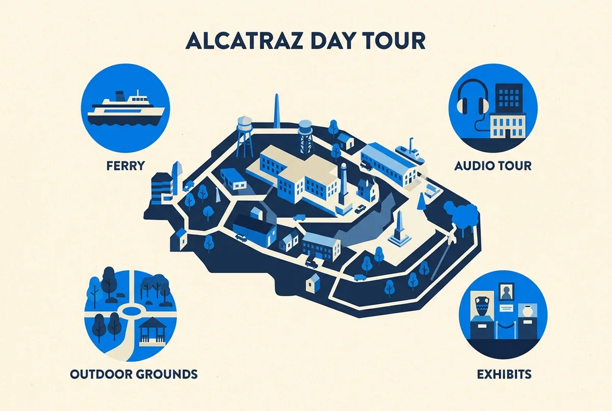 Infographic showing what the standard Alcatraz day tour ticket includes as four flat icons labeled Ferry, Audio Tour, Outdoor Grounds and Exhibits, simple design with no prices or statistics