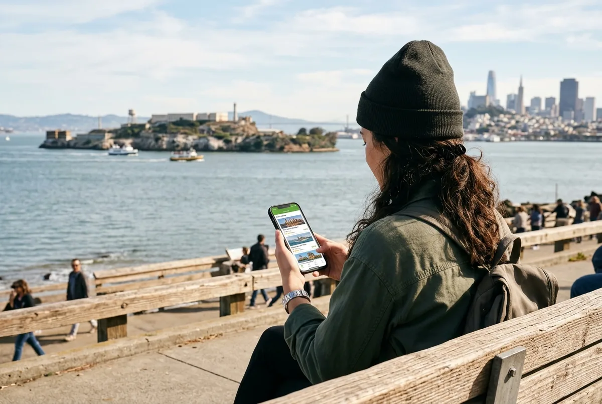 Traveler scrolling a Groupon-style deals page on a phone with Alcatraz Island visible across the bay in the background