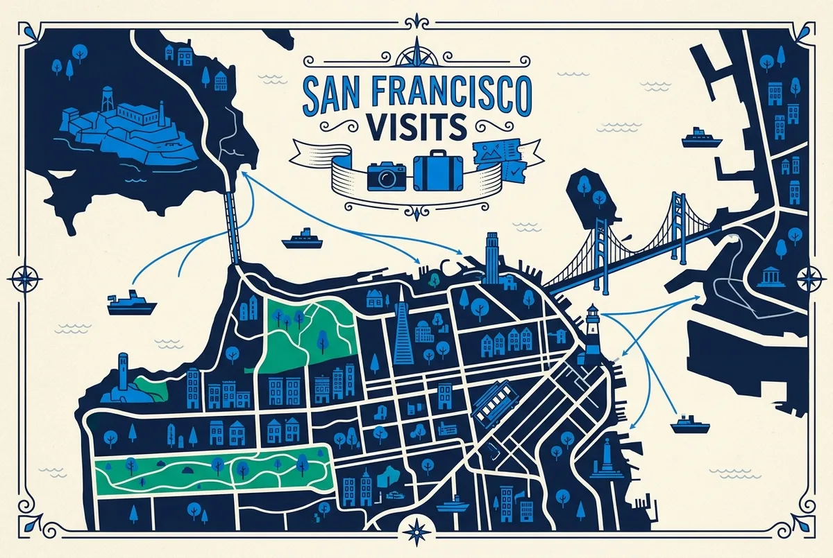 illustrated map of San Francisco highlights for Alcatraz Discount Tickets: Are Deals and Groupon Codes Real?, alcatraz discount tickets