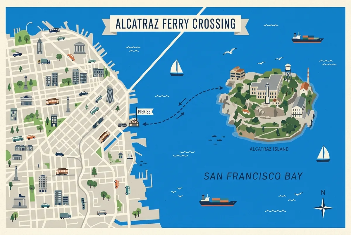 Map-style infographic showing the short ferry route from Pier 33 across San Francisco Bay to Alcatraz Island, labeled Pier 33, San Francisco Bay, and Alcatraz Island with simple flat icons and no statistics