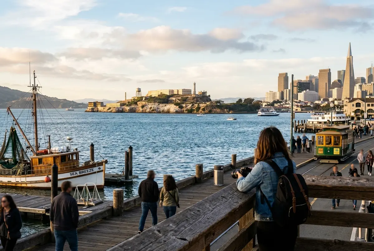 Isola di Alcatraz vista dall'acqua in una giornata nebbiosa con tonalità cinematografiche drammatiche, atmosfera da thriller, nessuna persona riconoscibile in primo piano