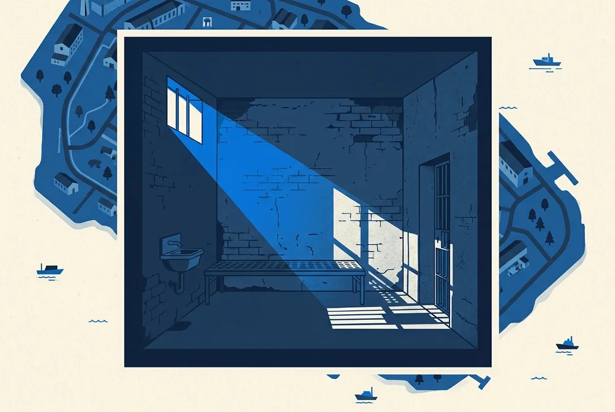 Atmospheric infographic-style image of an empty Alcatraz isolation cell lit by a single shaft of light, labeled Isolation Unit, with no text or statistics