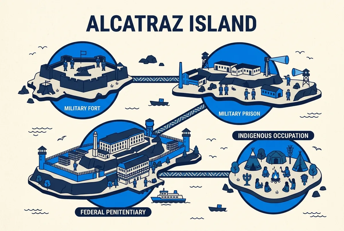 Simple timeline infographic showing four eras of Alcatraz Island labeled Military Fort, Military Prison, Federal Penitentiary, and Indigenous Occupation, flat icon style, no dates or statistics in the image itself