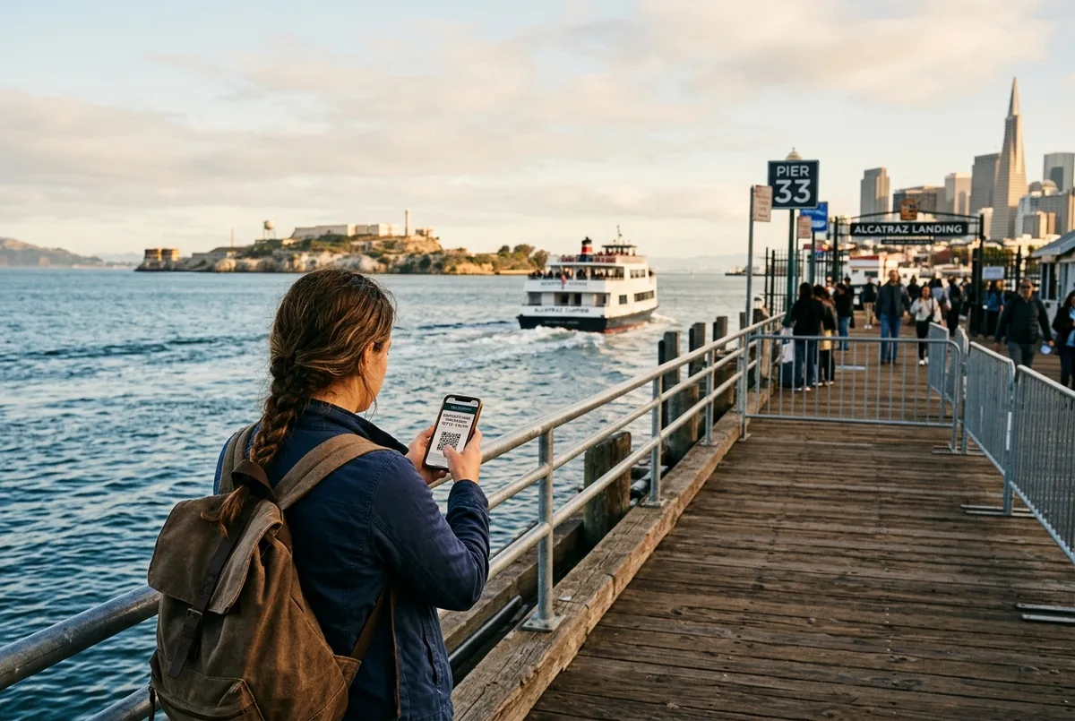 A traveler standing on the Pier 33 dock watching the Alcatraz ferry pull away in the distance, looking at a phone with a ticket confirmation