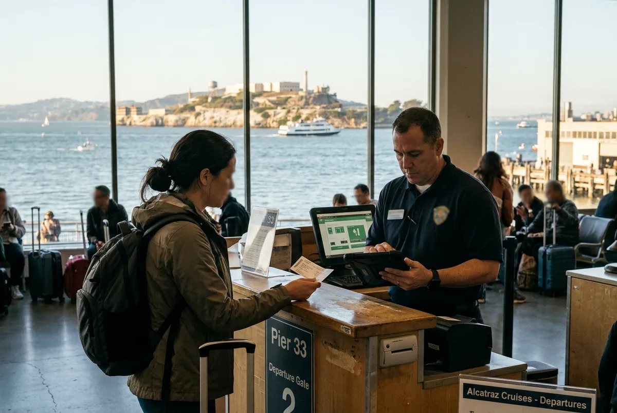 Editorial scene of a traveler checking in at an airline-style gate counter at Pier 33 with a staff member reviewing a ticket on a tablet, Alcatraz visible across the bay through a large window, no text or statistics visible