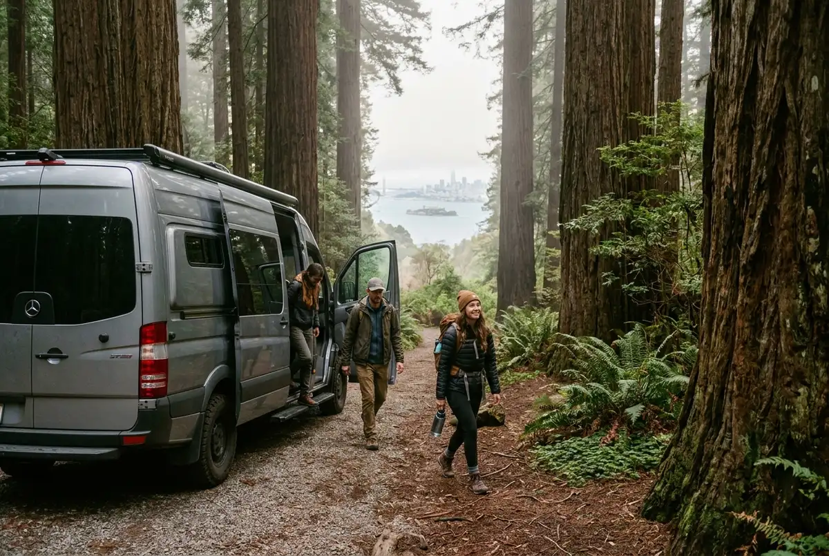 A small group stepping out of a Mercedes Sprinter van onto a redwood trail at Muir Woods in the morning fog, with San Francisco Bay and Alcatraz Island visible in the far distance