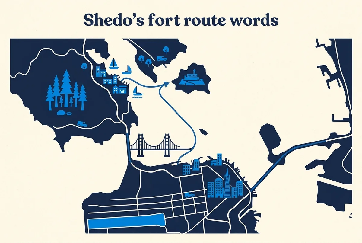 Map style infographic showing a simple route line connecting San Francisco, the Golden Gate Bridge, Muir Woods, Sausalito and Alcatraz Island, flat labeled icons, no statistics