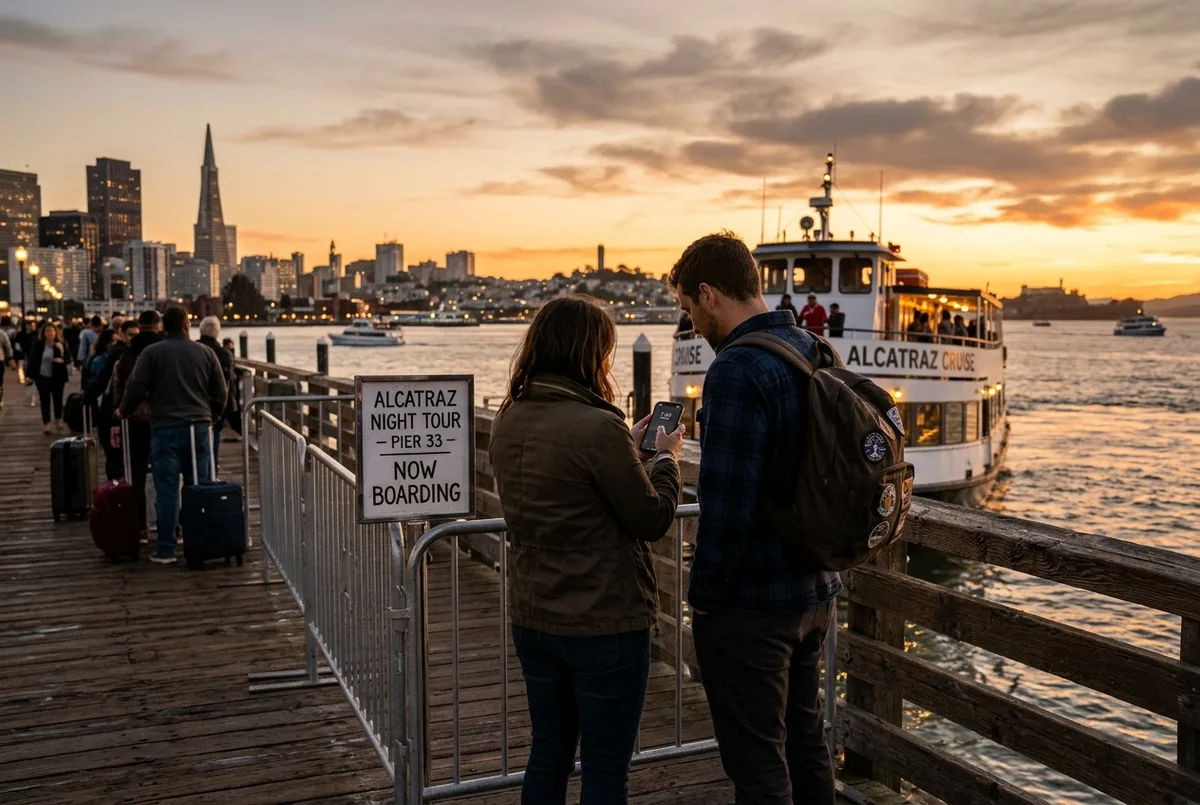 A couple checking the time on a phone while waiting to board the Alcatraz night ferry at Pier 33 as the sun sets over San Francisco Bay
