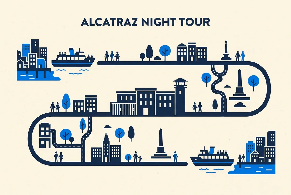Infographic showing a simple timeline of an Alcatraz night tour evening, labeled Ferry Out, Cellhouse, and Ferry Back with flat icons and no numbers