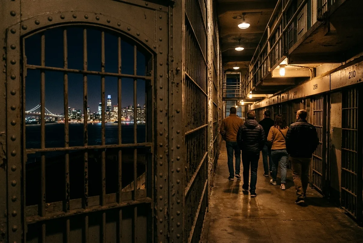 Visitors walking through a dimly lit Alcatraz cellhouse corridor during the night tour with San Francisco city lights visible through a barred window