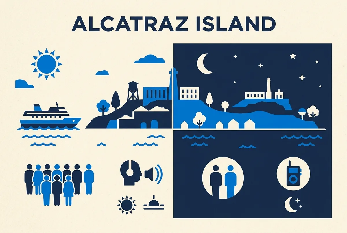 Infographic comparing the Alcatraz day ferry and night tour side by side, labeled Day Ferry and Night Tour with simple flat icons for crowd size, audio format, and timing, no numbers