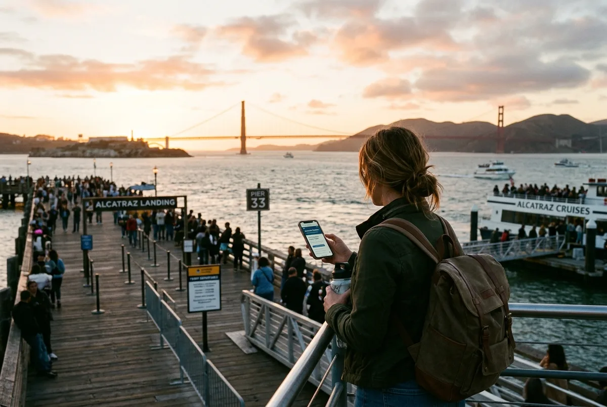 Traveler checking Alcatraz ticket prices on a phone at the Pier 33 ferry dock with the Golden Gate Bridge visible across the bay at golden hour