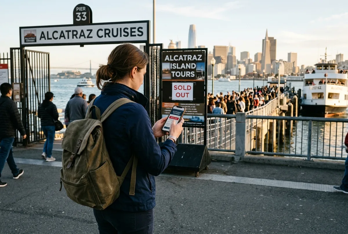 Traveler checking a sold out Alcatraz ferry schedule on a phone while standing near Pier 33 in San Francisco