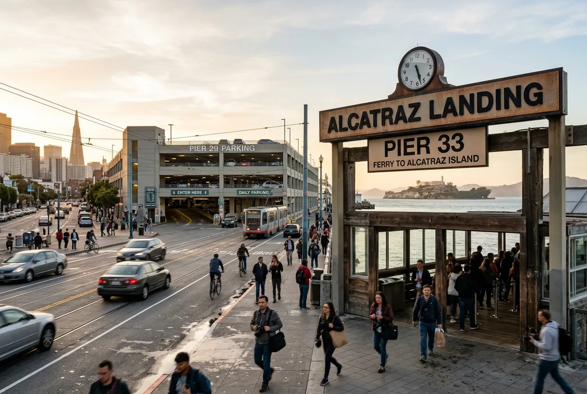 Entrée d'un parking payant couvert près de l'Embarcadero à San Francisco, à quelques rues du Pier 33 pour le ferry Alcatraz