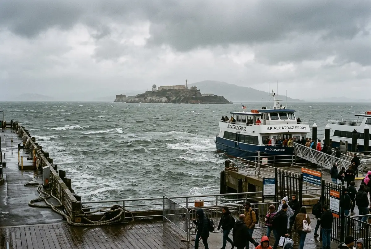 Choppy gray water in San Francisco Bay near the Alcatraz ferry dock under an overcast sky with the island faintly visible in the distance