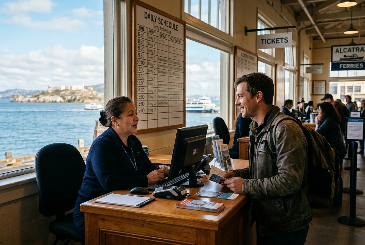 Editorial scene of a ticket booth attendant at the Pier 33 Alcatraz Landing counter speaking with a traveler, with a posted schedule board and the bay visible through the window behind them, no text or statistics visible