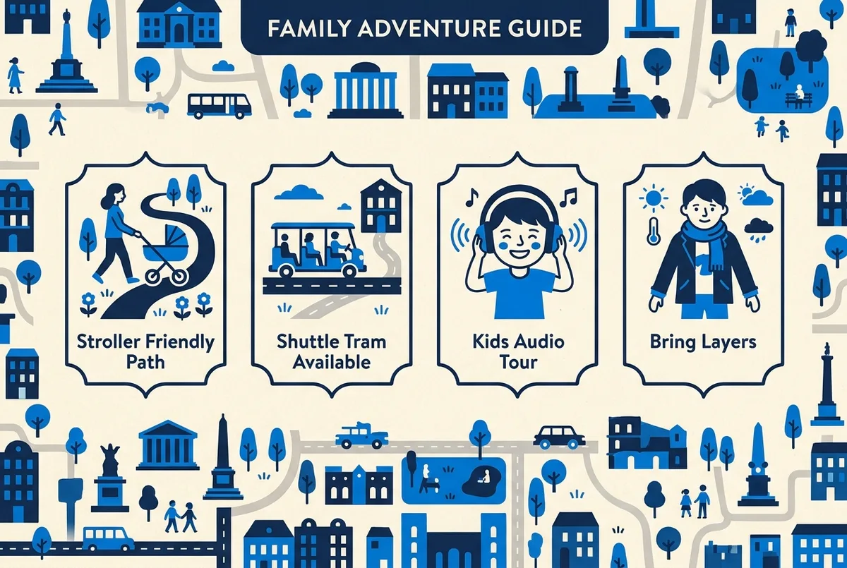 Simple family-friendly checklist infographic showing icons for Stroller Friendly Path, Shuttle Tram Available, Kids Audio Tour and Bring Layers, flat icon style, no statistics