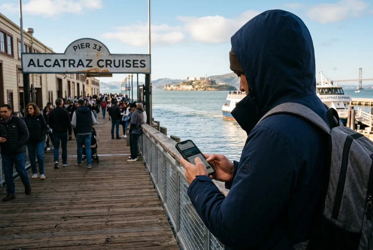 Voyageur vérifiant la disponibilité de billets Alcatraz de dernière minute sur son téléphone près du Pier 33 à San Francisco en fin de matinée