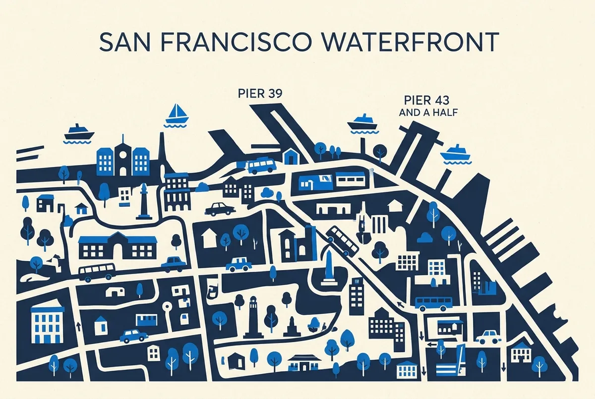 Simple map infographic of the San Francisco waterfront showing Pier 39 and Pier 43 and a half labeled as the Blue and Gold Fleet and Red and White Fleet departure points, flat icon style, no statistics, no prices