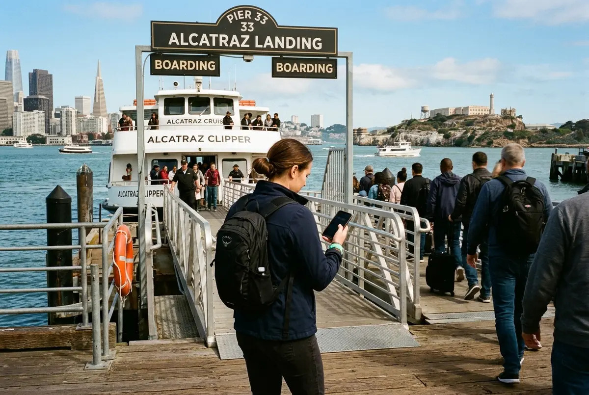 A traveler checking the time on a phone while boarding the Alcatraz ferry at Pier 33, with the boarding line and Alcatraz Island visible across the bay in late morning light