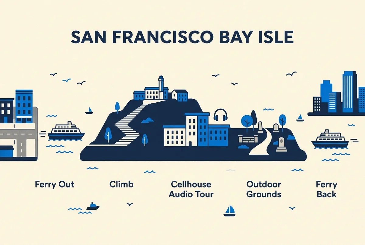 Simple timeline infographic of an Alcatraz day tour visit labeled Ferry Out, Climb, Cellhouse Audio Tour, Outdoor Grounds, and Ferry Back, flat icons, no numbers