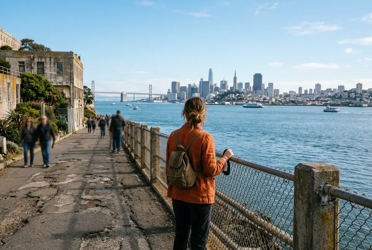 Viaggiatore pensieroso che guarda l'isola di Alcatraz dal lungomare di San Francisco al tramonto, valutando se includerla nel viaggio