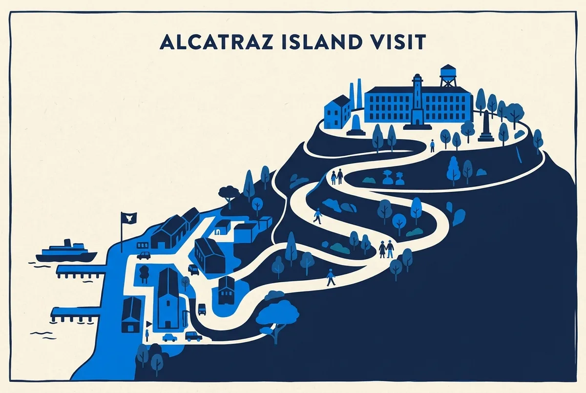 Infografica che elenca tre vantaggi e due avvertenze di una visita ad Alcatraz come semplici icone con etichette generiche, nessuna statistica o prezzo indicato
