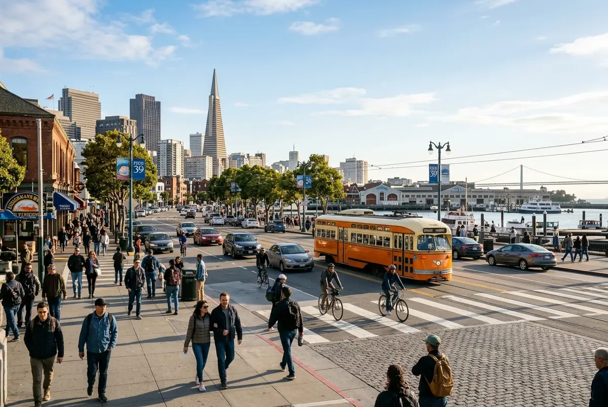 A sunny Embarcadero street scene near Fisherman's Wharf with Pier 33 signage, visitors walking toward the Alcatraz ferry terminal, and San Francisco Bay visible beyond