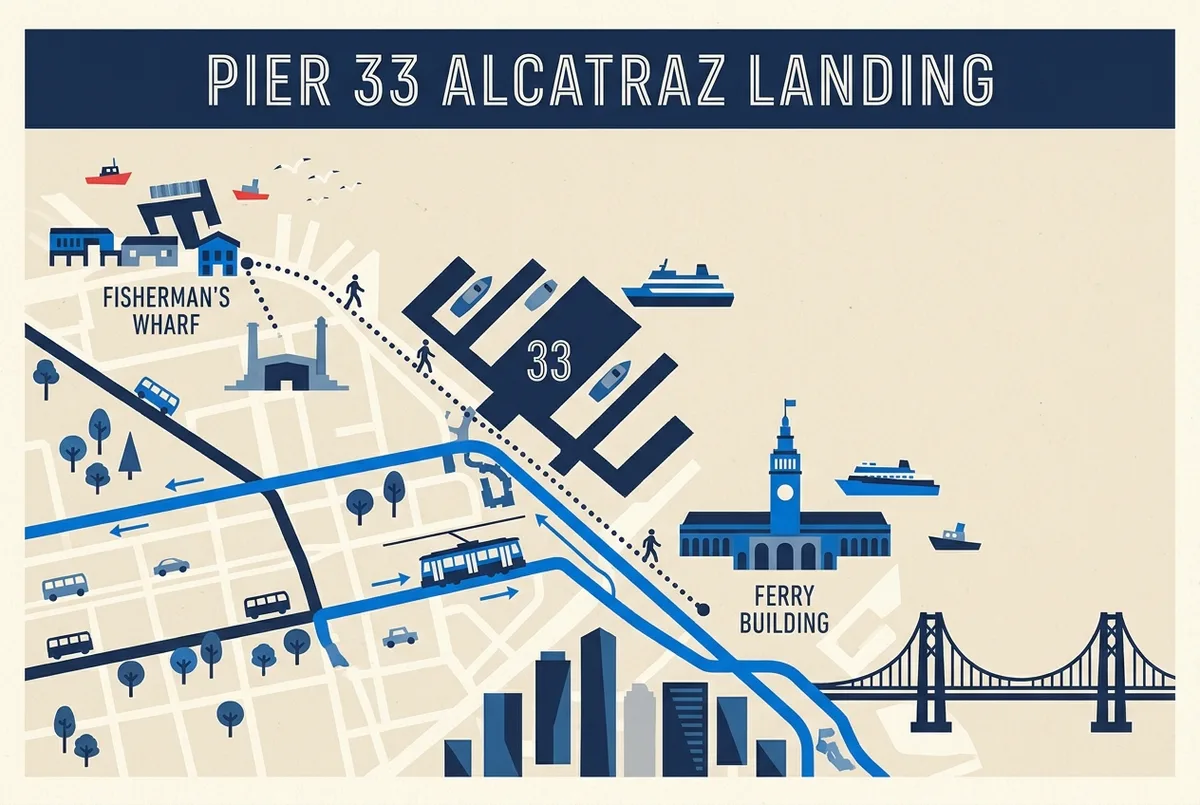Simple map style infographic showing Pier 33 on the Embarcadero relative to Fisherman's Wharf, the Ferry Building and downtown San Francisco, labeled with walking and transit routes, flat icon style, no statistics in the image itself