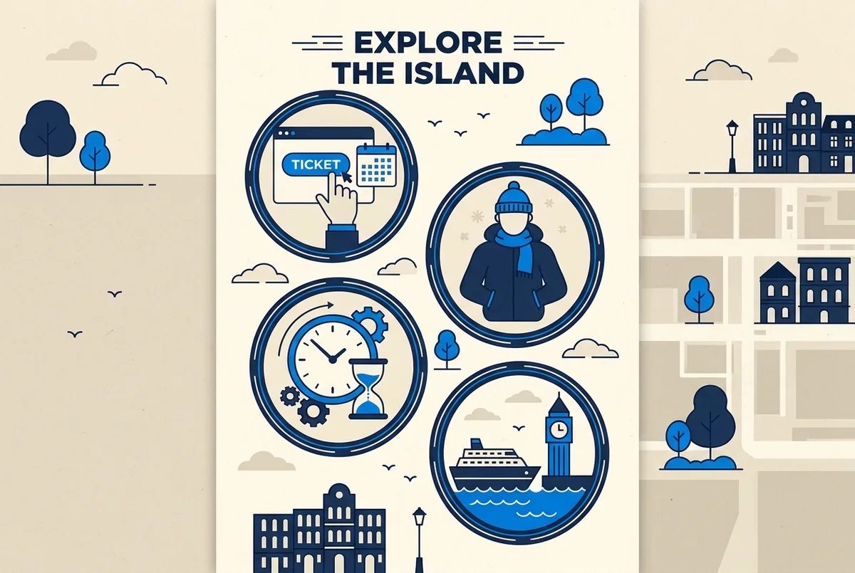 Simple checklist-style infographic for planning an Alcatraz visit, showing icons for Book Tickets Early, Dress Warm, Allow Three Hours and Check the Ferry Time, flat icon style, no statistics