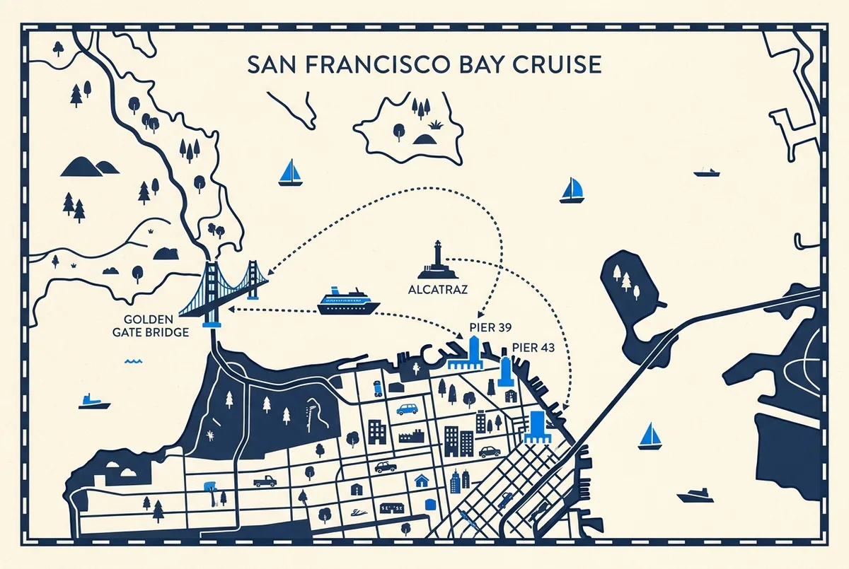 Simple map infographic of San Francisco Bay showing Pier 39, Pier 43, the Golden Gate Bridge and Alcatraz Island as labeled points with a dotted cruise route between them, flat design, no statistics