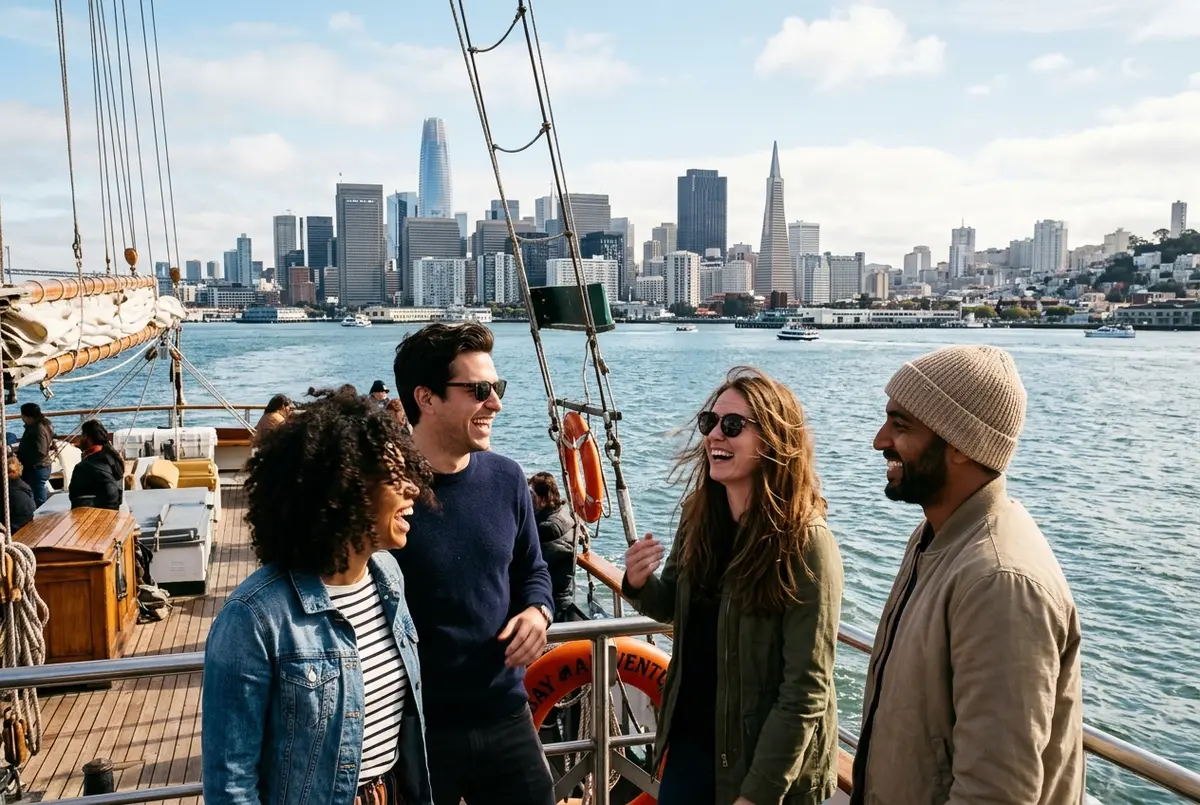 A group of friends laughing on the open deck of a daytime sightseeing boat on San Francisco Bay with the city skyline behind them in late morning light