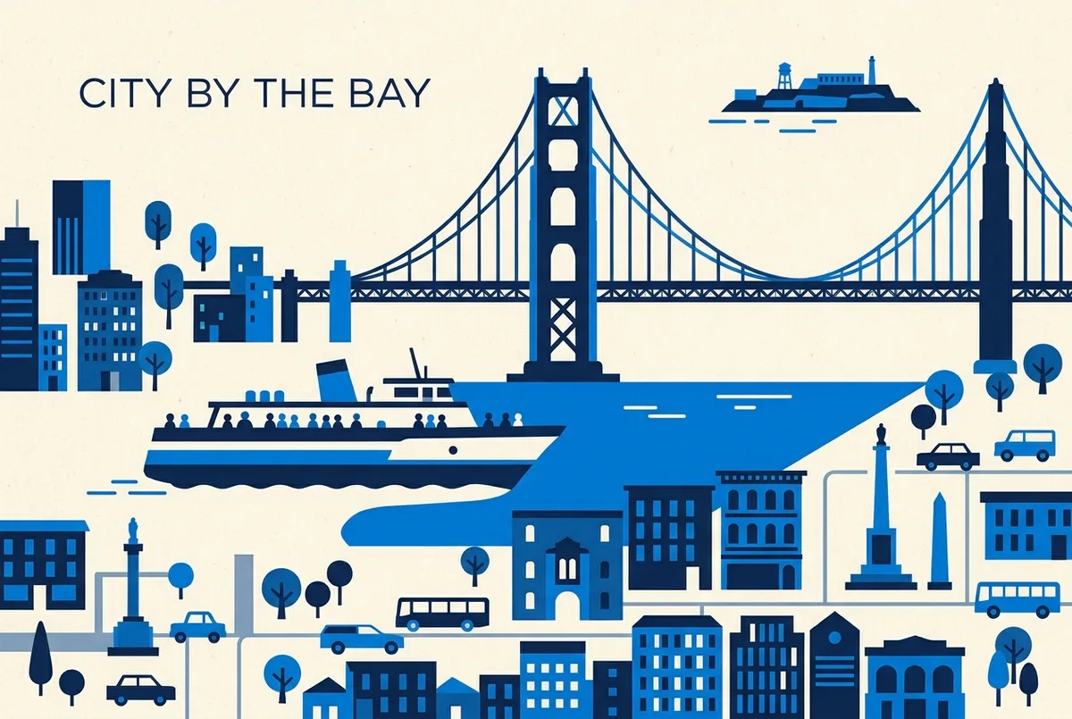 Simple side-view infographic of a boat passing under the Golden Gate Bridge with Alcatraz Island labeled in the distance, flat icon style, no statistics