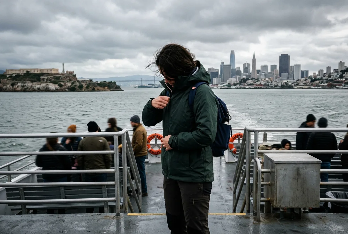 A traveler zipping up a windbreaker on the open deck of the Alcatraz ferry with San Francisco Bay and a gray sky behind them