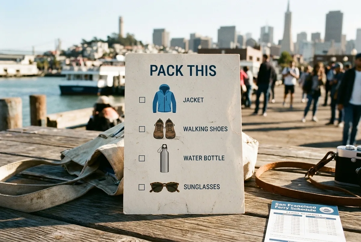 Simple flat-icon packing checklist graphic for an Alcatraz tour showing a jacket, walking shoes, water bottle, and sunglasses, labeled Pack This, no text beyond the generic icon labels