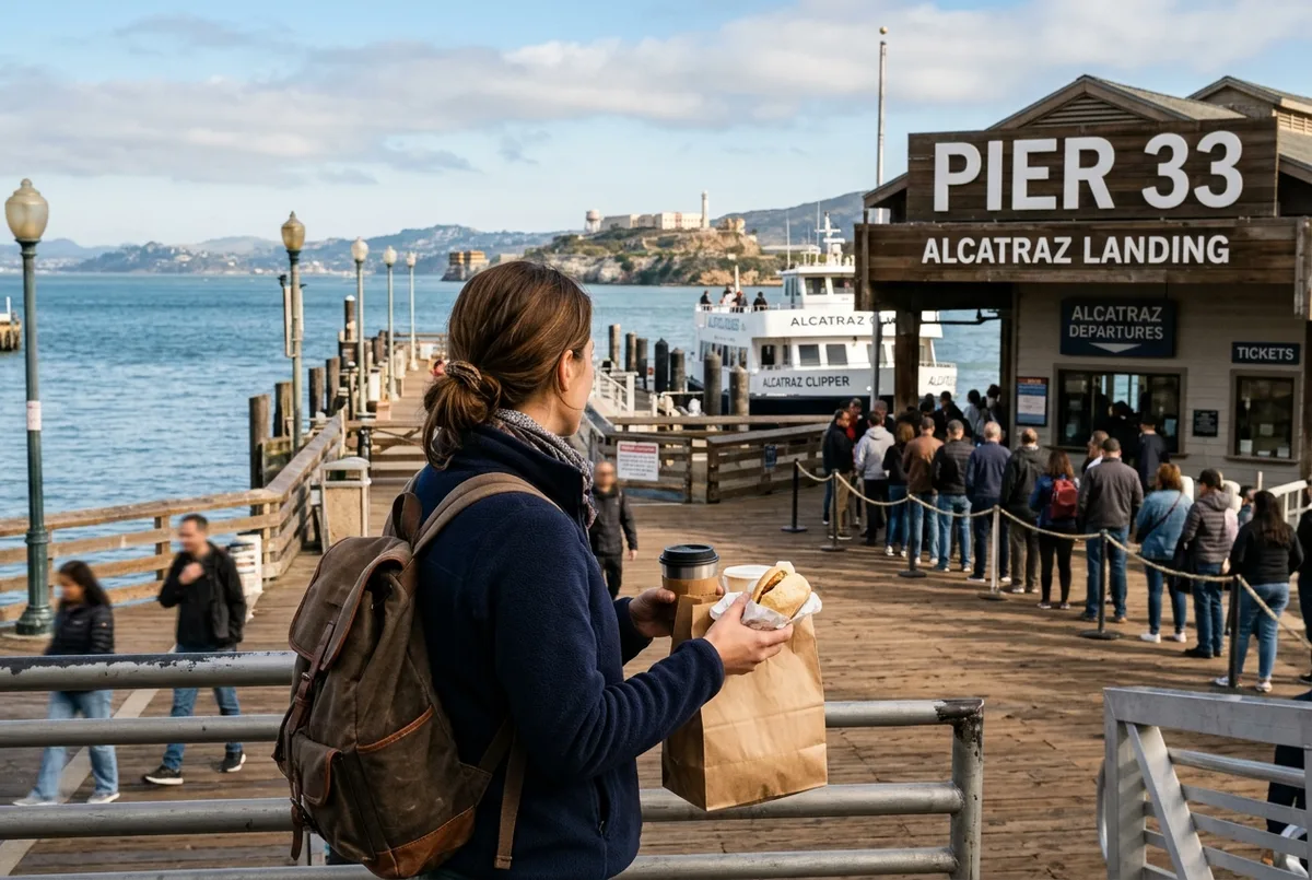 A traveler holding a quick takeout breakfast near the Embarcadero waterfront with Pier 33 signage and the Alcatraz ferry queue visible in the background
