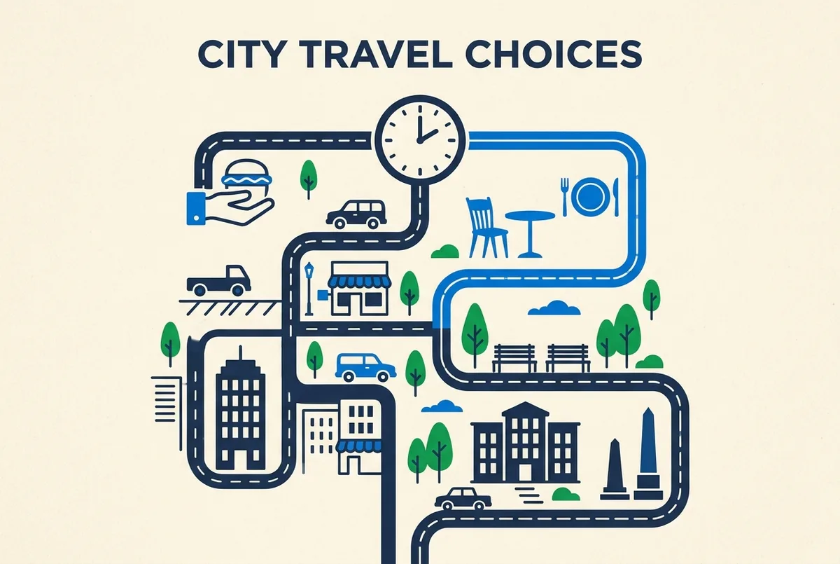 Simple decision style infographic showing a clock icon splitting into two paths labeled Under 45 Minutes: Grab and Go and Over 1 Hour: Sit Down, flat icon style, no statistics in the image itself