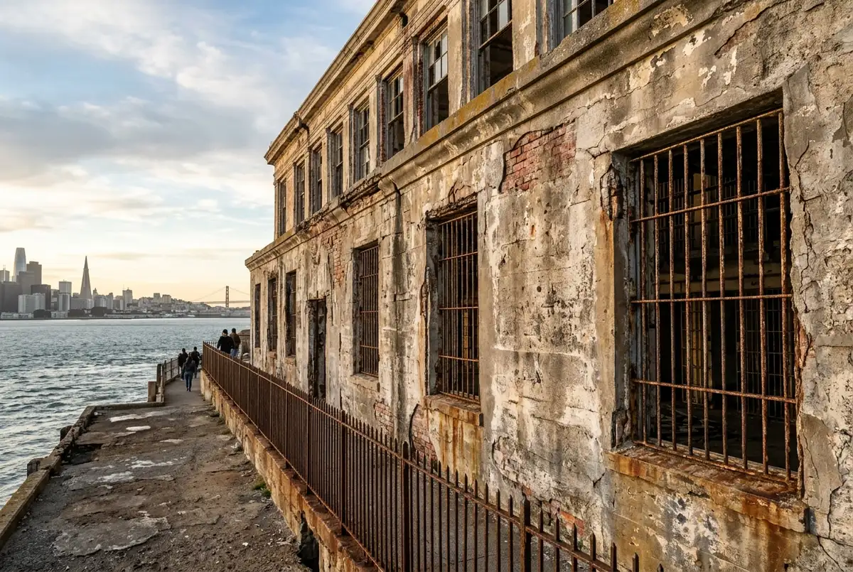A weathered, salt-corroded Alcatraz cellhouse exterior wall in late afternoon light, evoking the real cost that closed the federal penitentiary in 1963