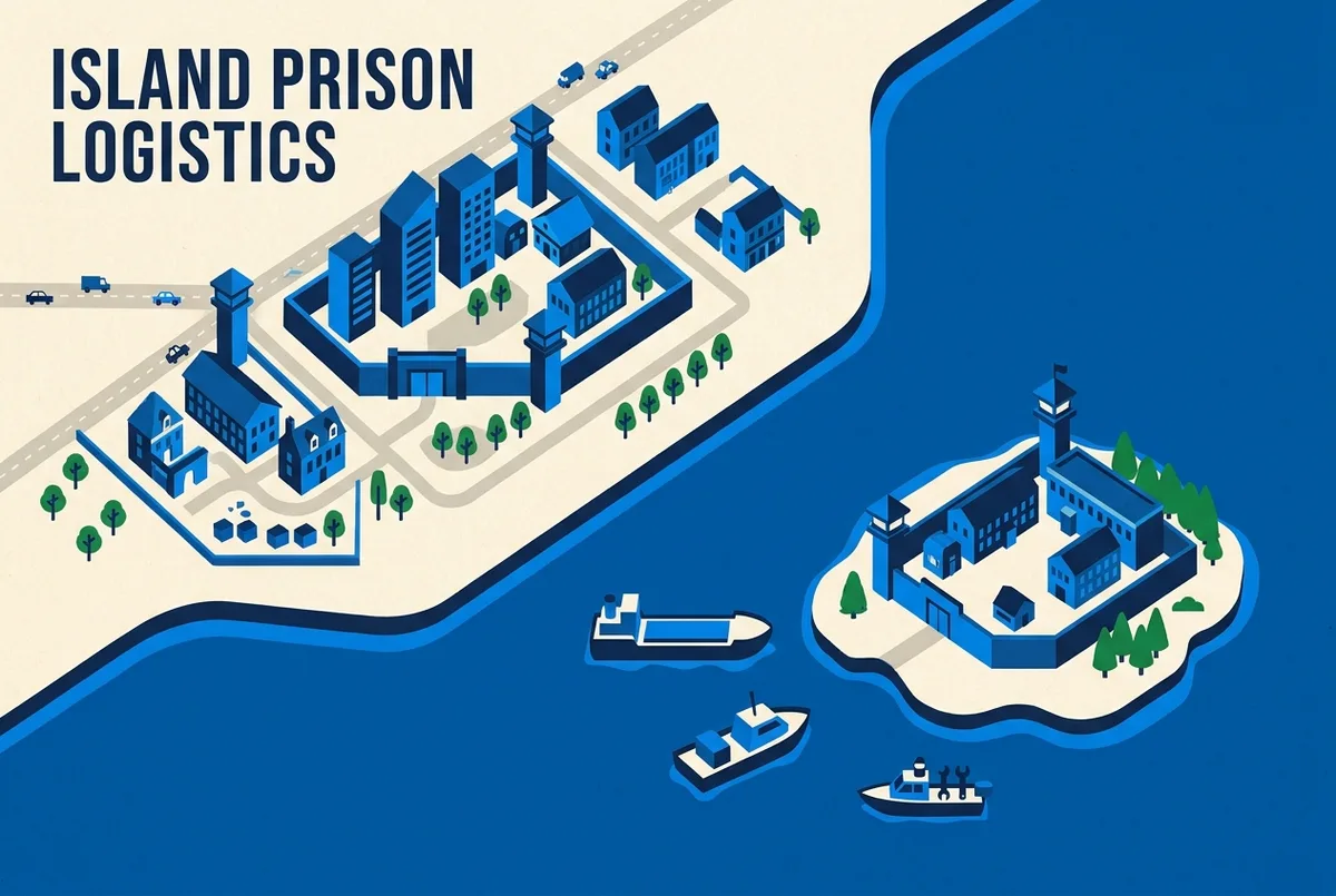 Simple infographic comparing a mainland prison building to an island prison building, with icons for water barge, supply boat and repair crew labeled Extra Cost, flat icon style, no statistics in the image itself